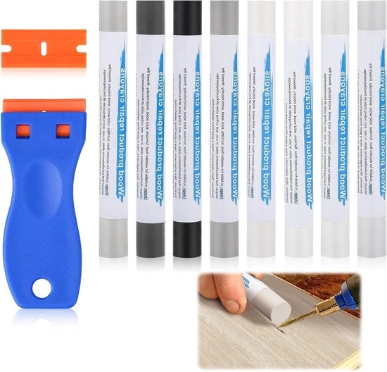Set di riparazione di mobili con 8 colori, matite per legno e set di riparazione di pavimento in lamina.