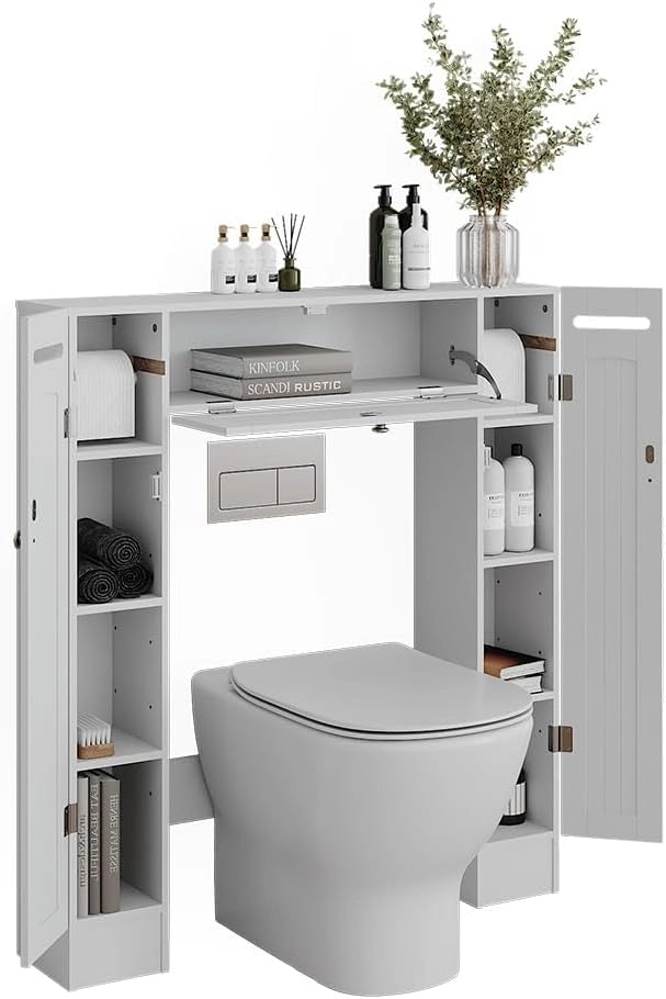 Armadietto per toilette Bianco, Bianco, 89 x 99 cm Distributore di carta igienica a destra e a sinistra, per montaggio a parete sopra il WC con sistema di erogazione integrato