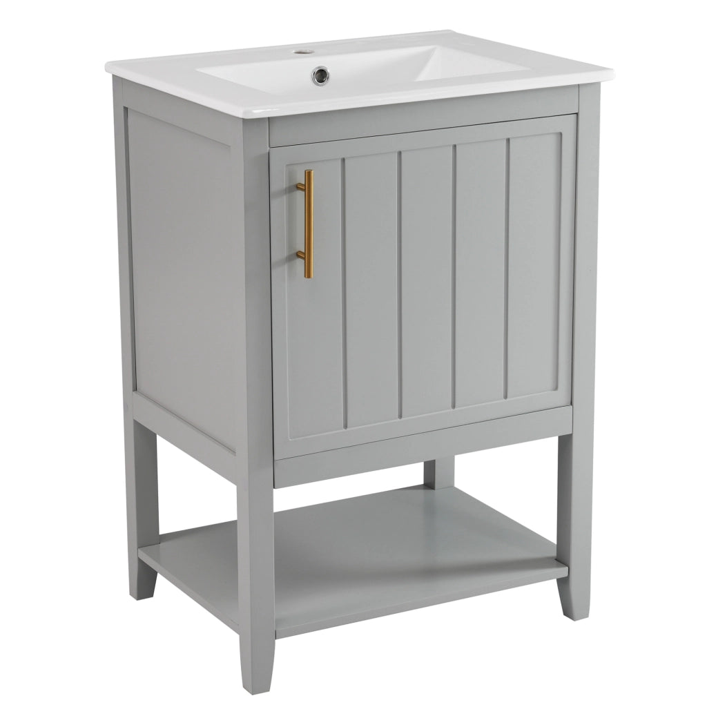 Mobile bagno grigio con lavabo in ceramica e ripiani interni