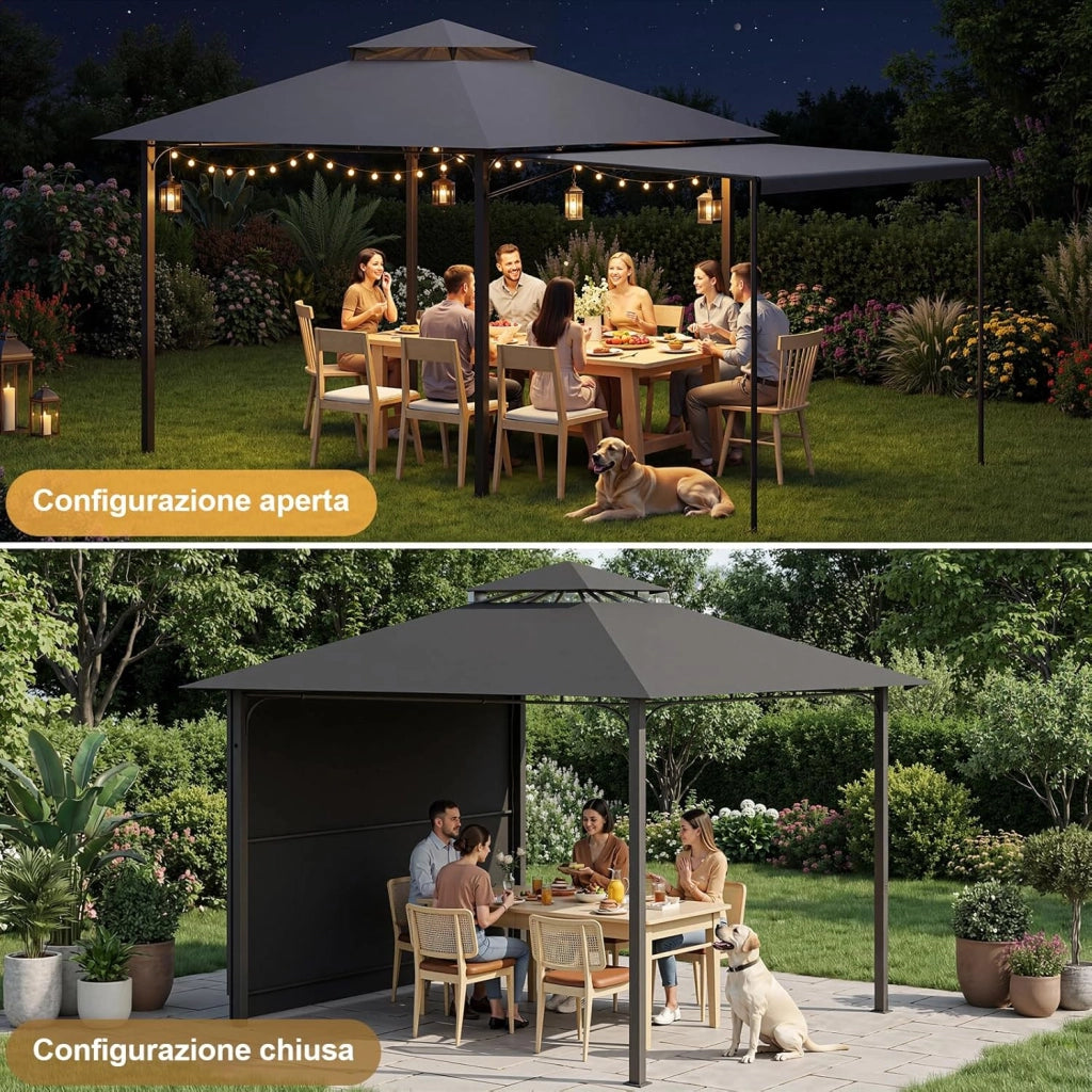 Gazebo Esterno Resistente 3x3, Gazebo Impermeabile Stabile, Protezione UV 50+, Pavillon Fisso da Grill per Giardino Estensibile 3x4.7 m, Terrazza, Feste di Grill o Feste Spontanee, Grigio