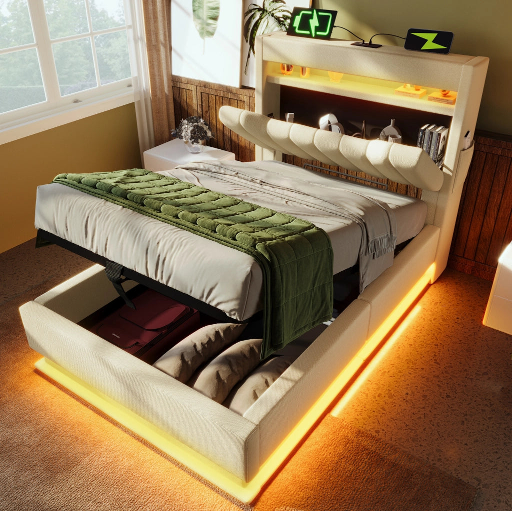 Letto singolo 90x200 cm con LED, ricarica USB-C e vano contenitore