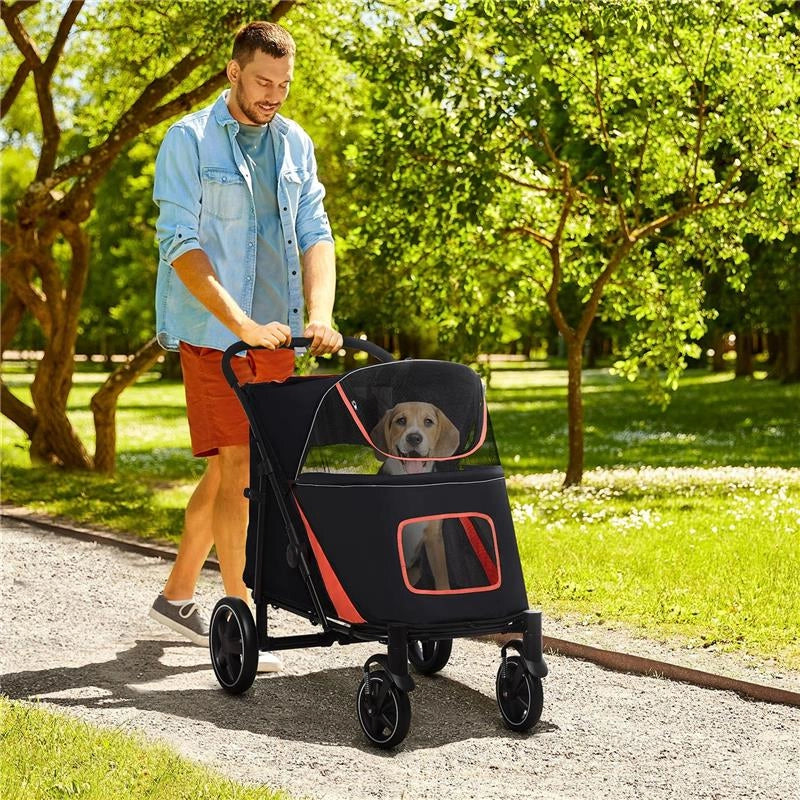 PASSEGGINO PER CANI PIEGHEVOLE CON INGRESSI A CERNIERA E FINESTRE A RETE, 112X65X100 CM, ROSSO E NERO