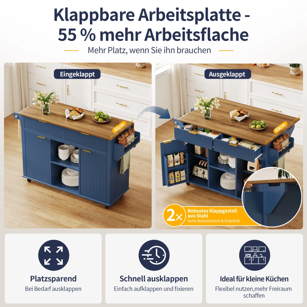 ISOLA DA CUCINA SU RUOTE 143x45/69x89,5 cm MDF Blu/Marrone