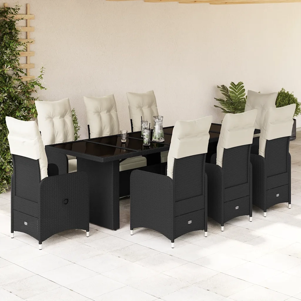 vidaXL Set Bistrò da Giardino 9 pz con Cuscini in Polyrattan Nero