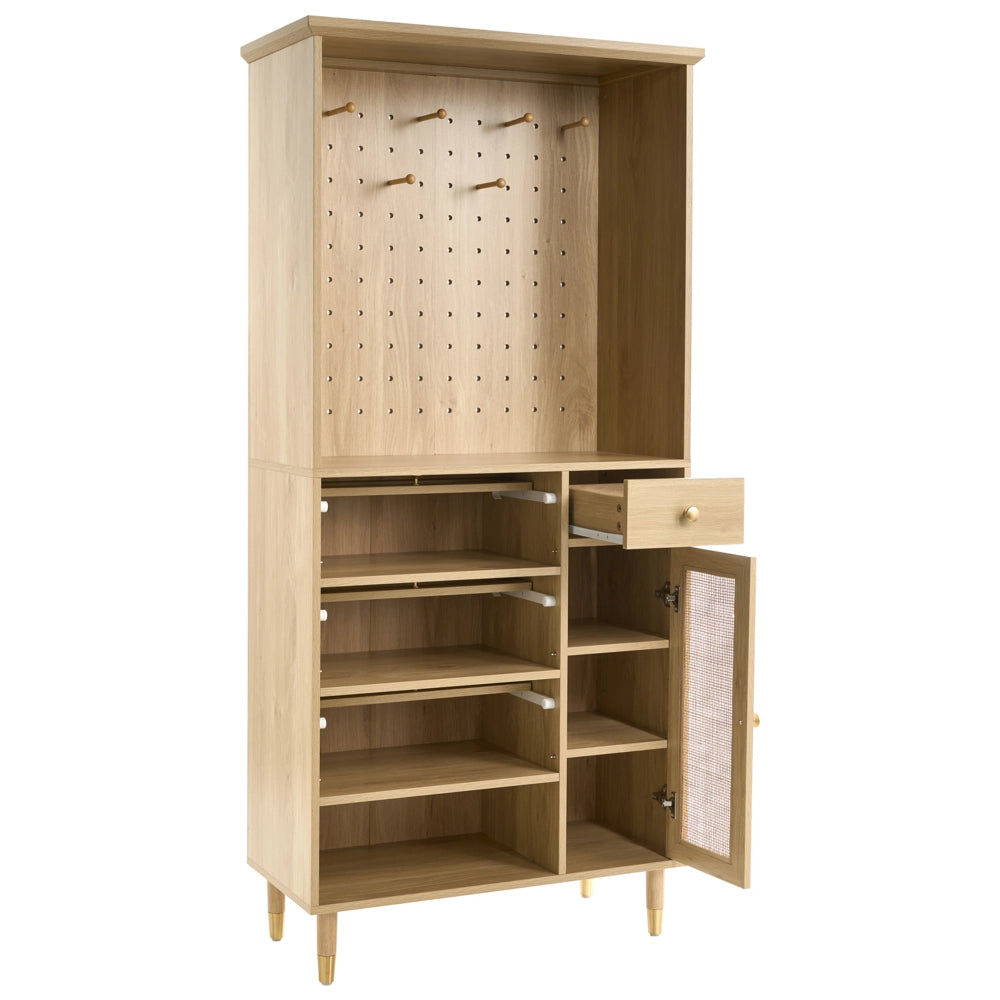 Mobile Portaoggetti Marrone Chiaro in Truciolato con Struttura Ripiani Cassetto e Ganci Gambe in Legno di Pino per Ingresso