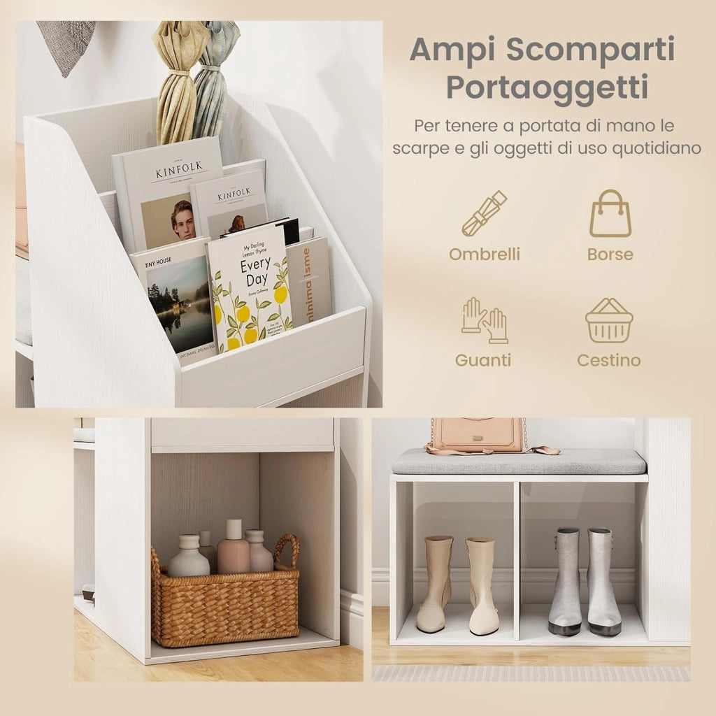 Panca Scarpiera con Cuscino Rimovibile e Scaffale 2 in 1, Scaffale Portaoggetti a 3 Cubi e 3 Ripiani per Libri, Panca per Scarpe da Ingresso e Soggiorno, 97 x 40 x 79 cm, Bianco