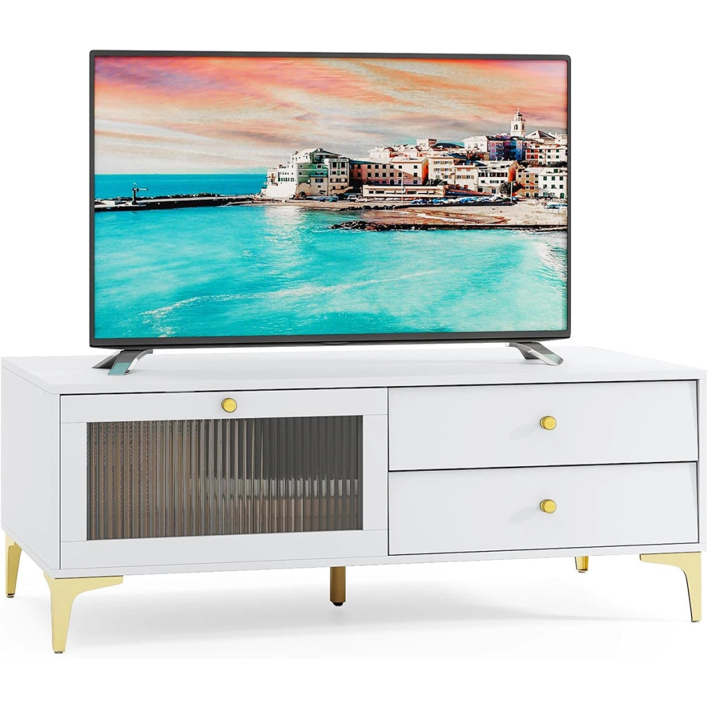 Porta tv 55¡± mobile console con scomparti e porta a ribalta in vetro-Mobile Porta TV Centro di intrattenimento per soggiorno Grigio Chiaro