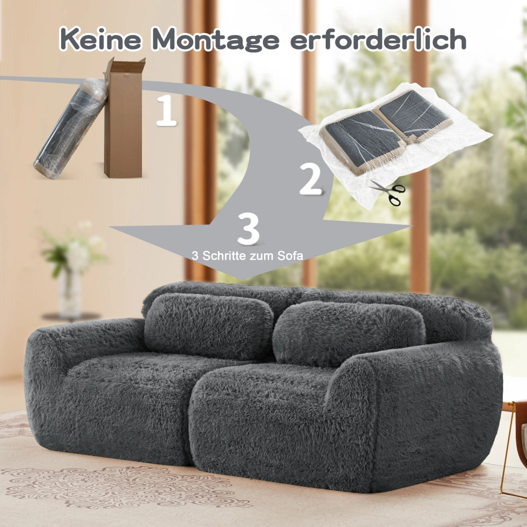 Divano Modulare 2 Posti con Design Senza Struttura, Cuscini e Base Antiscivolo, in Peluche Grigio
