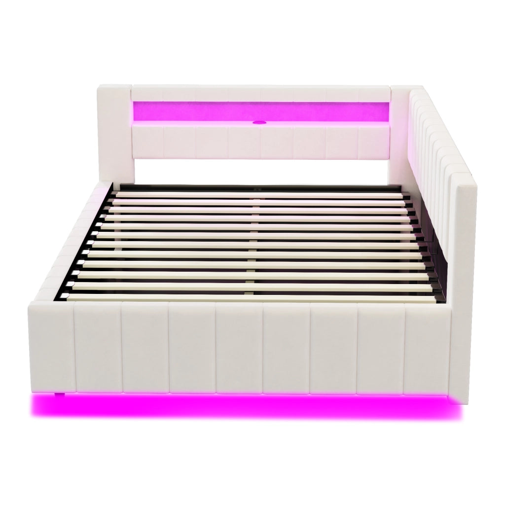 DESMIU Letto Contenitore 140 × 200 cm 2 Posti con LED, USB e vano idraulico, senza materasso, beige