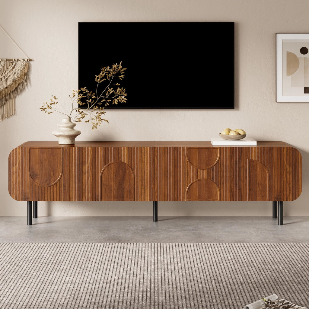 Mobile TV 180 cm in MDF con 3 ante; 2 cassetti e gambe in metallo; noce
