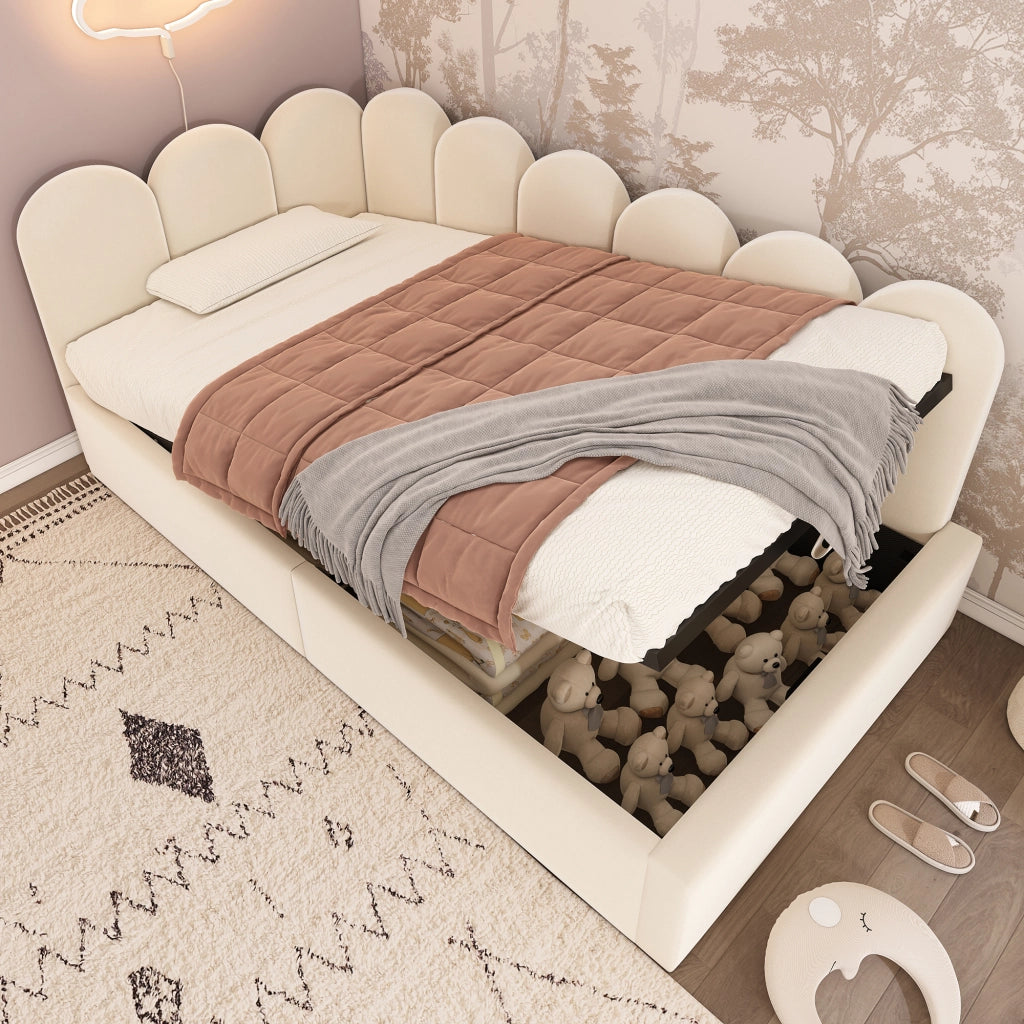 Letto a Divanetto 90x200 cm; Letto Singolo - Contenitore Idraulico - in Velluto - Beige