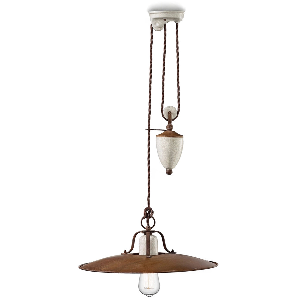 Lampadario Vintage Grunge Saliscendi Ferro E Ceramica Craquele&apos 1 Luce E27