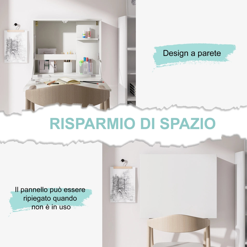 Scrivania a Muro Pieghevole e Salvaspazio con Ripiani, per Casa e Ufficio, in Truciolato e MDF, 60x21.5x50 cm, Bianco