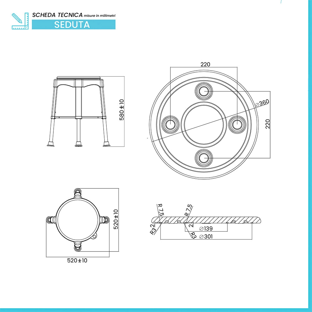 Sgabello doccia girevole altezza regolabile 41-58 cm portata max 150 kg
