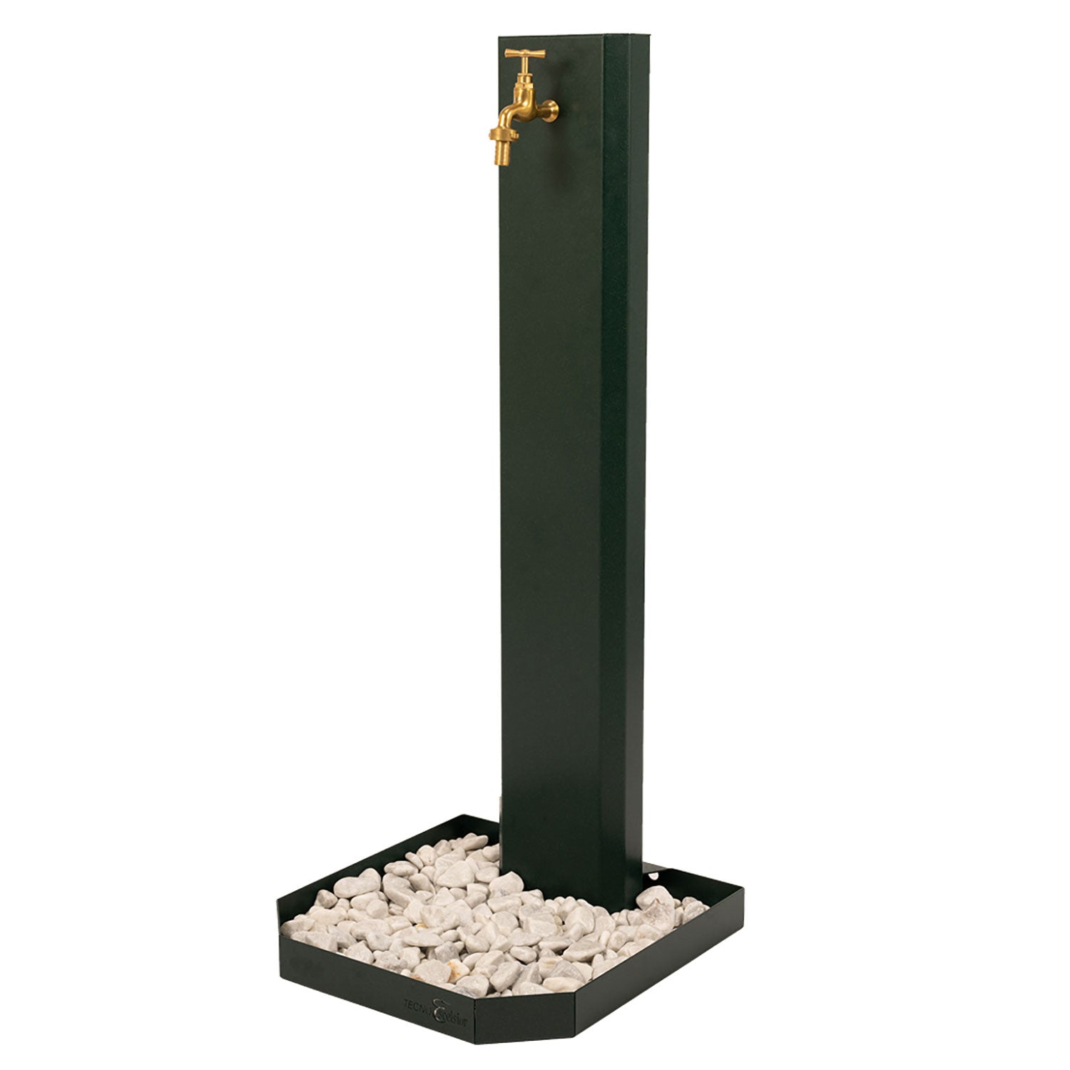Fontana da Giardino Design a Colonna Ovale Rubinetto in Ottone e Base con Ciottoli Verde
