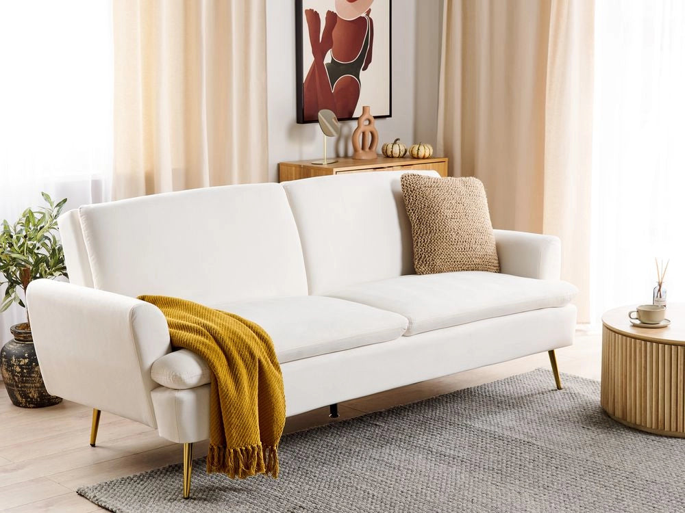 Divano Letto Velluto Bianco Sporco 3 Posti Click Clack Gambe In Metallo Dorato