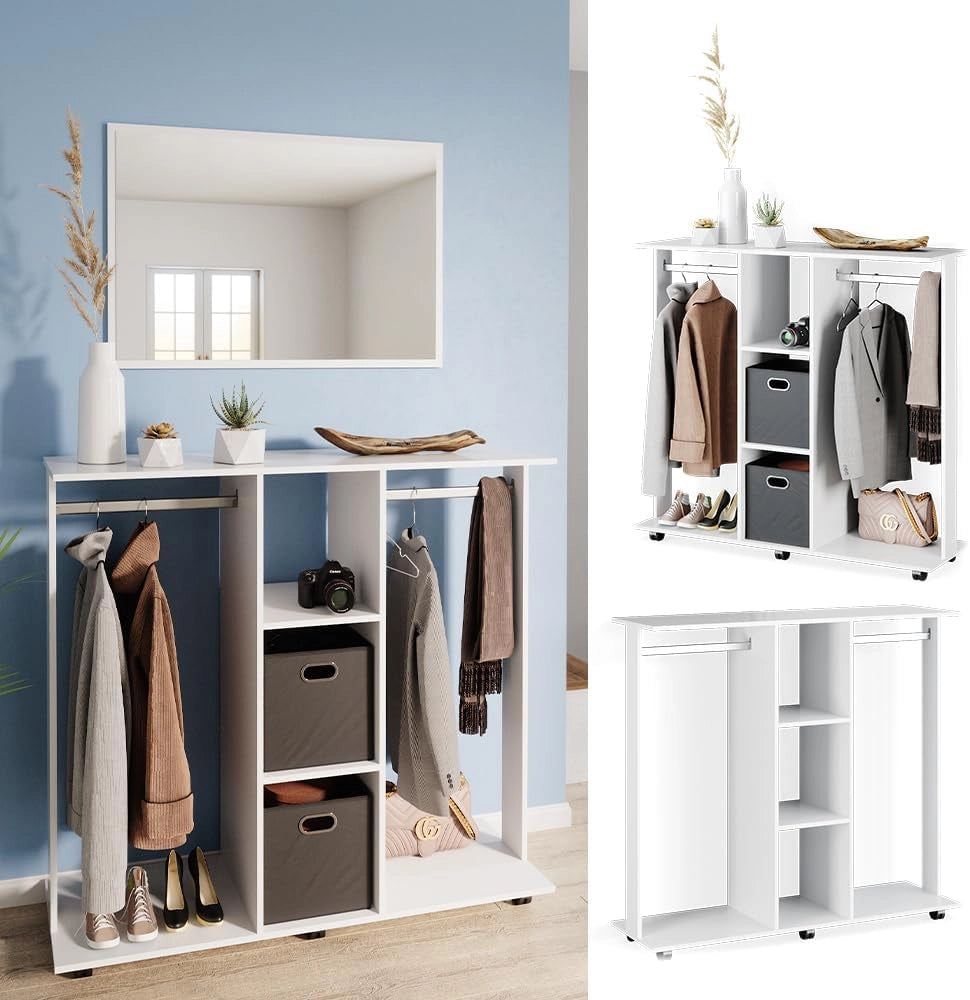 Armadio multifunzione Robbie, Bianco, 130 x 120 cm, su ruote per posizionamento flessibile e facile spostamento