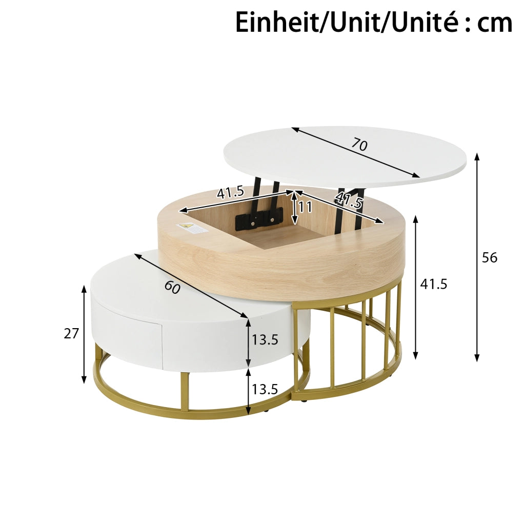 Tavolino da salotto 70x70x56 cm; 60x60x27 cm; piano sollevabile con cassetto; MDF; bianco