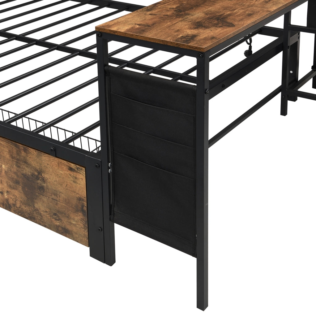 LETTO Singolo 120x200 cm Metallo e Legno Nero/Naturale con 2 Cassetti