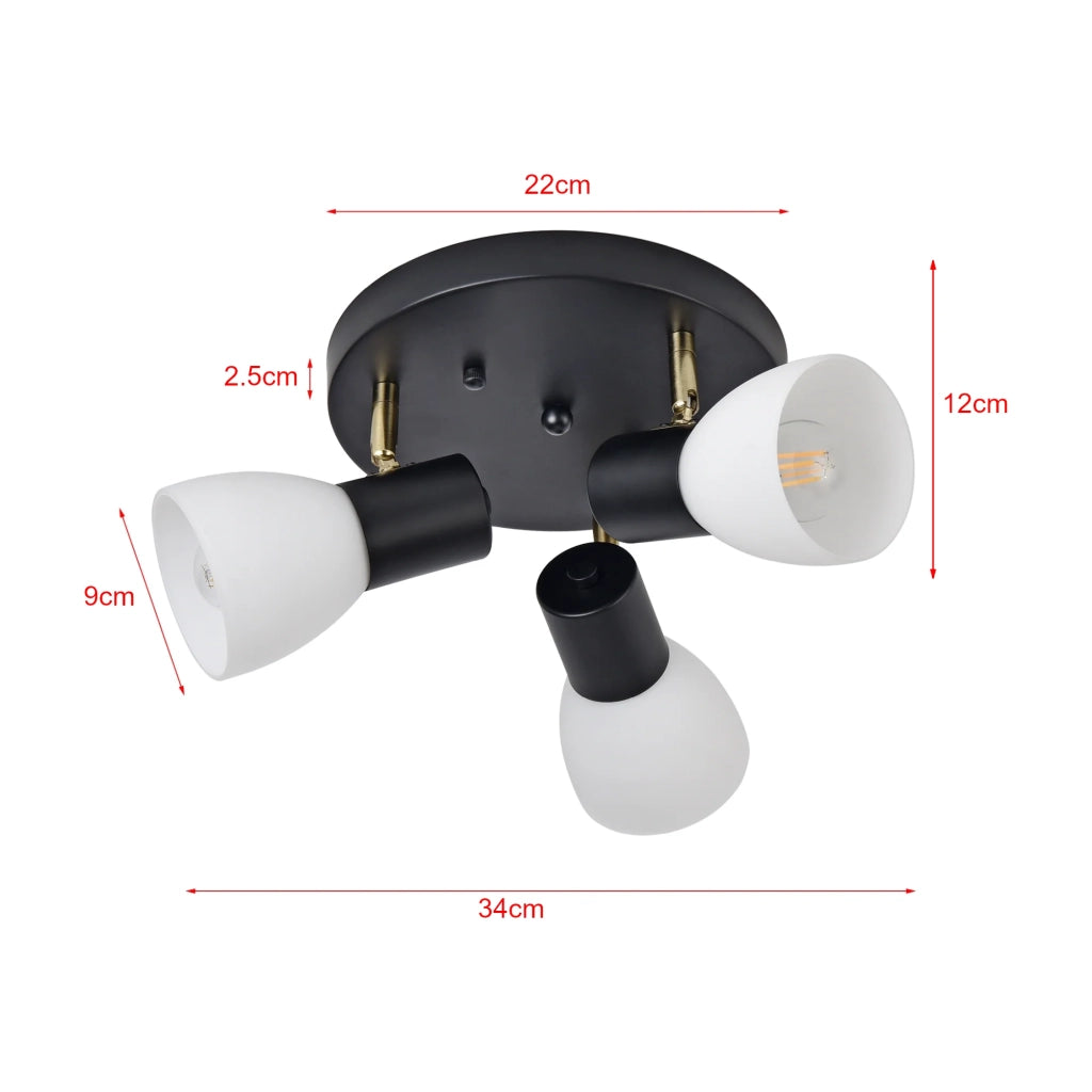 Lampada da soffitto con 3 attacchi E14 altezza 12 cm metallo vetro nero o bianco 03_0010264