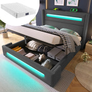 Letto matrimoniale-Xylo-160x200 cm-LED, USB-C, idraulico, con materasso, lino, grigio