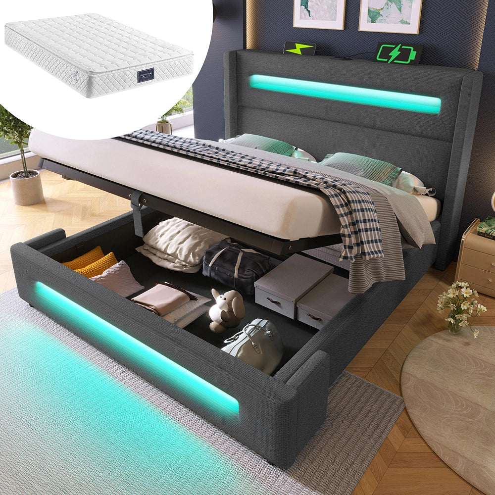 Letto matrimoniale-Xylo-160x200 cm-LED, USB-C, idraulico, con materasso, lino, grigio