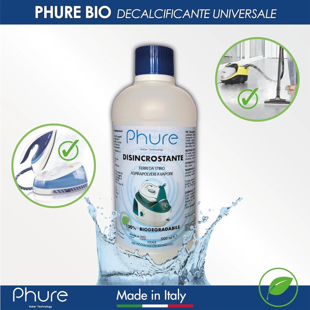 PHURE BIO DECALK Decalcificante Disincrostante Concentrato Universale ferri da stiro e aspirapolveri vapore, per piccoli elettrodomestici Compatibile con tutte le marche Biodegradabile 500ml