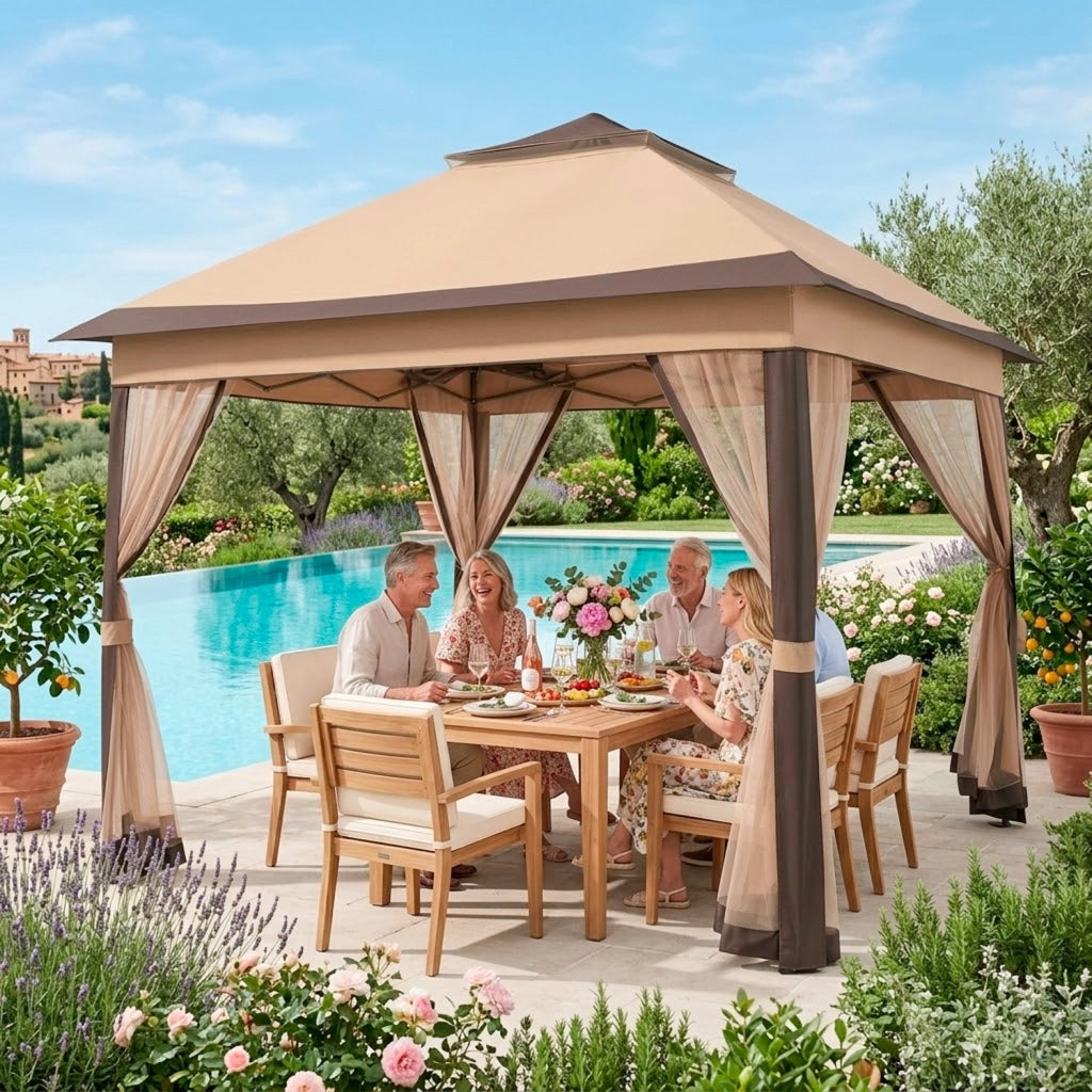Gazebo Da Giardino Pop Up 3.33 X 3.33 Metri Altezza Regolabile Da 2.7 A 2.9 M Con Zanzariere Removibili Apertura Rapida E Borsa Trasporto Per Eventi Patio Piscina Campeggio Feste Kaki