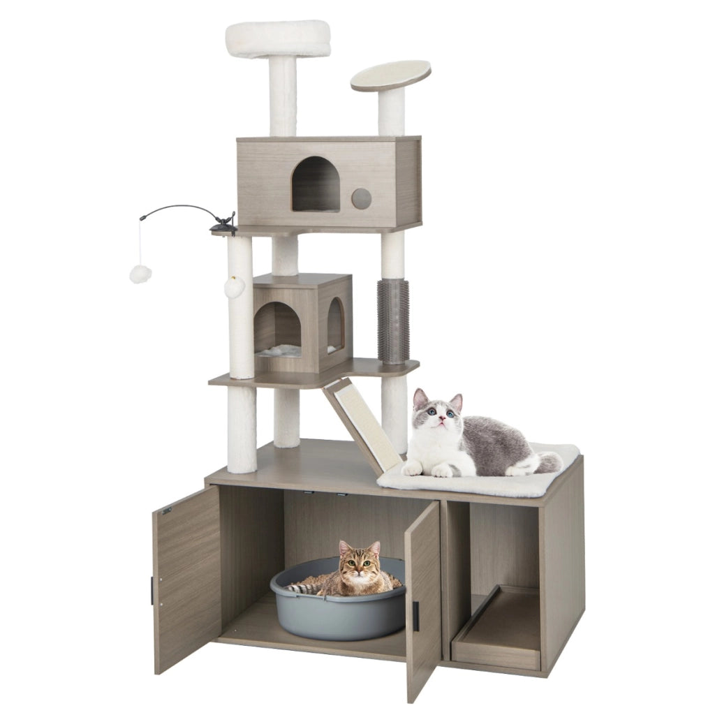 Albero per gatti con mobile nascondi lettiera, Torre per gatti 2-in-1 con doppie cucce piattaforma superiore Grigio-Alberi Tiragraffi