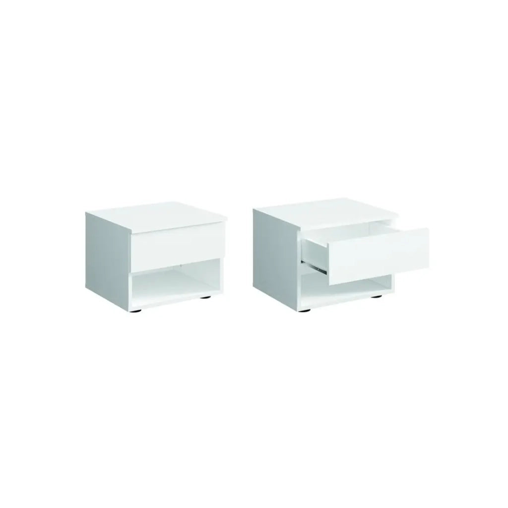 Set camera NOFI - Letto 160x200 cm con doghe, 2 cassetti, comodini, armadio e cassettiera - bianco