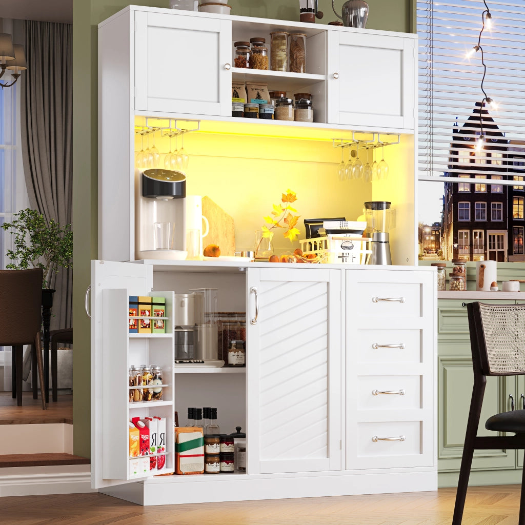 Credenza da cucina con 4 ante; 2 cassetti; ripiano snack; portabottiglie e LED; in MDF; 120x40x188 cm; Bianco