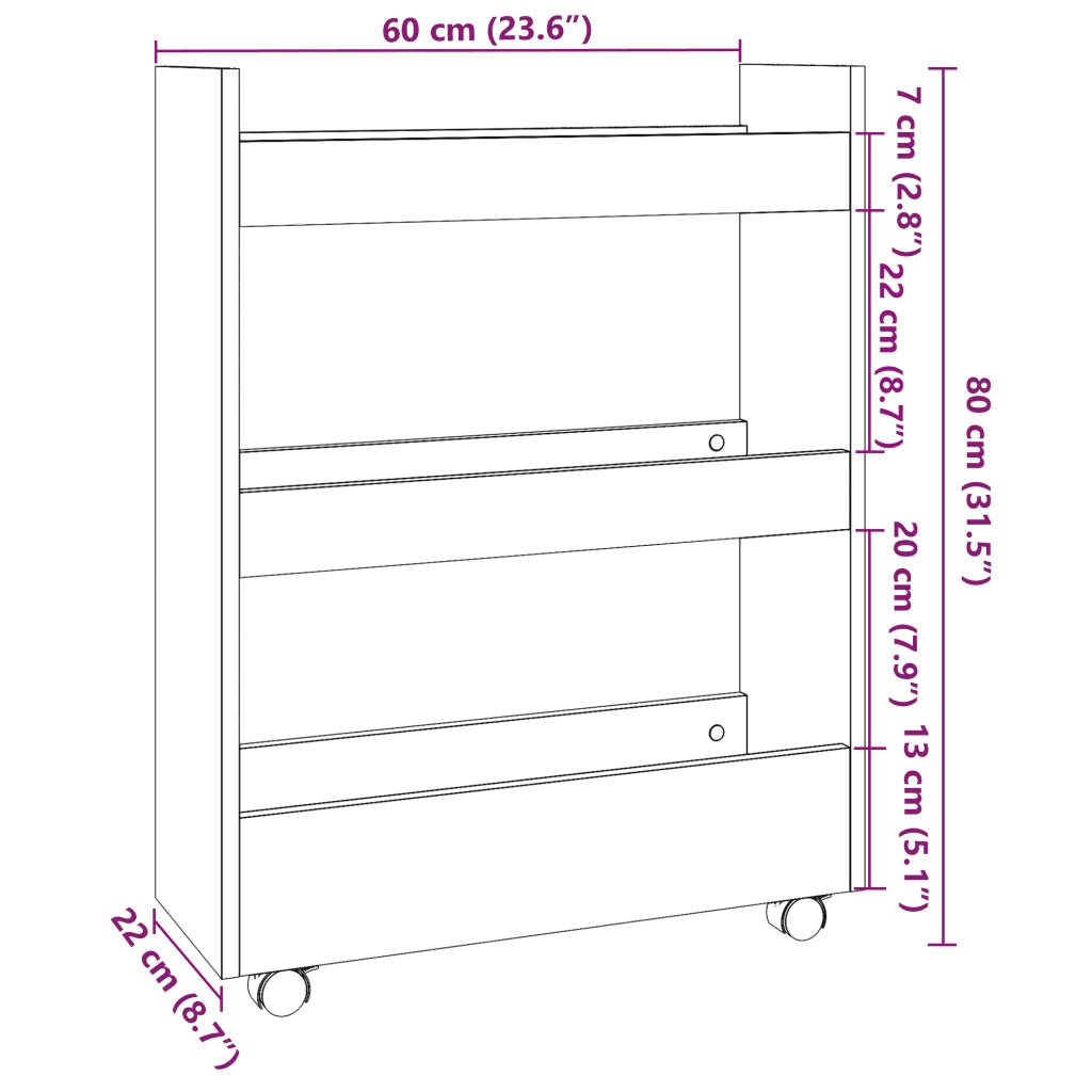 Carrello Stretto a 3 Livelli Rovere Fumo in Truciolato 855254