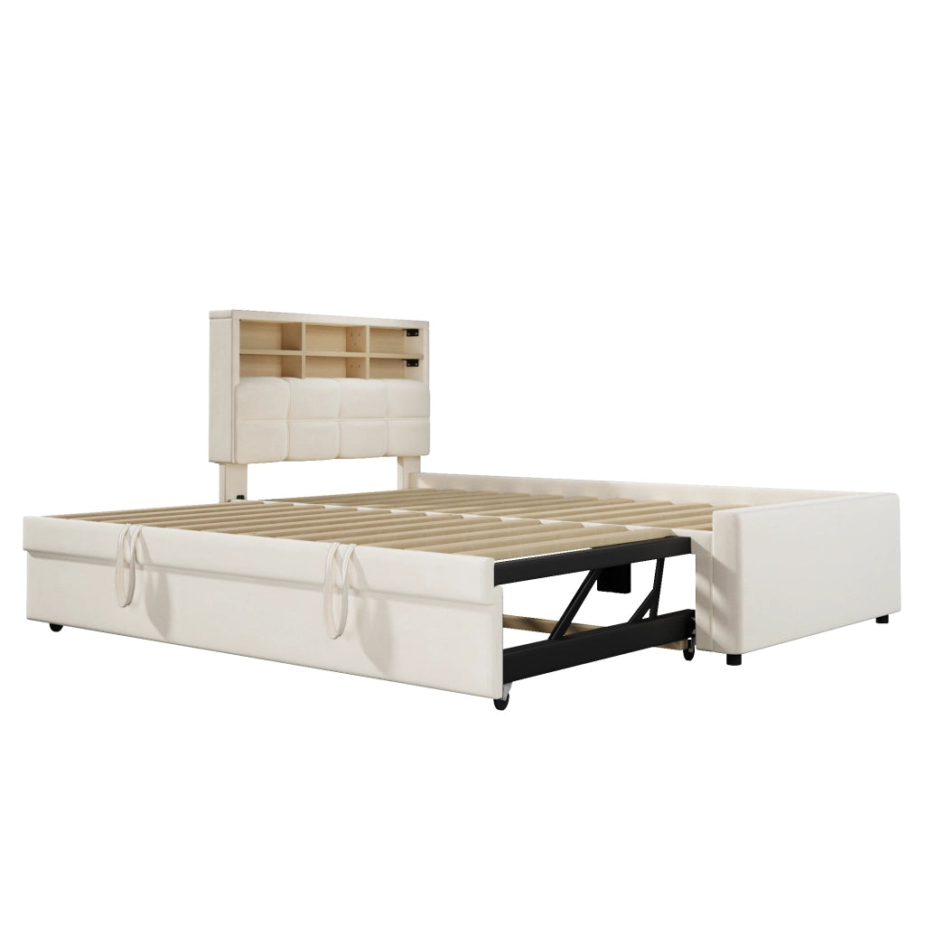 Letto singolo in velluto beige 90x200 cm con letto estraibile e prese USB