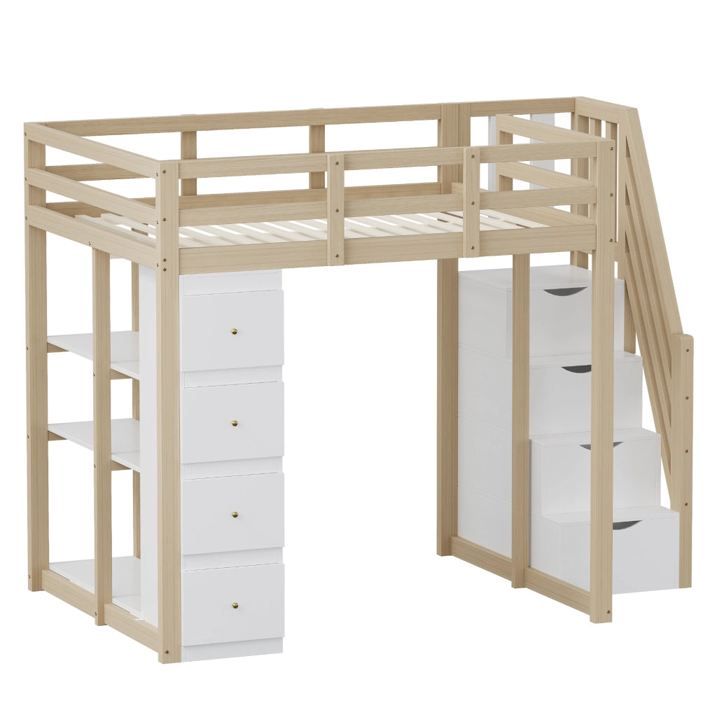 DESMIU Letto a soppalco 140 × 200 cm con 4 cassetti, ripiani e scala, senza materasso, legno naturale e bianco