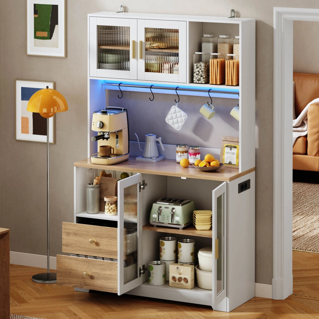 ARMADIO CUCINA Alto 110x40x178 cm MDF Bianco/Naturale con LED e prese USB