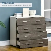 Cassettiera Camera da Letto, Comò Camera da Letto con 4 Cassetti con Maniglie in Alluminio e Struttura in Legno, per Soggiorno e Sala da Pranzo, 76x35x72cm, Bianco e Grigio