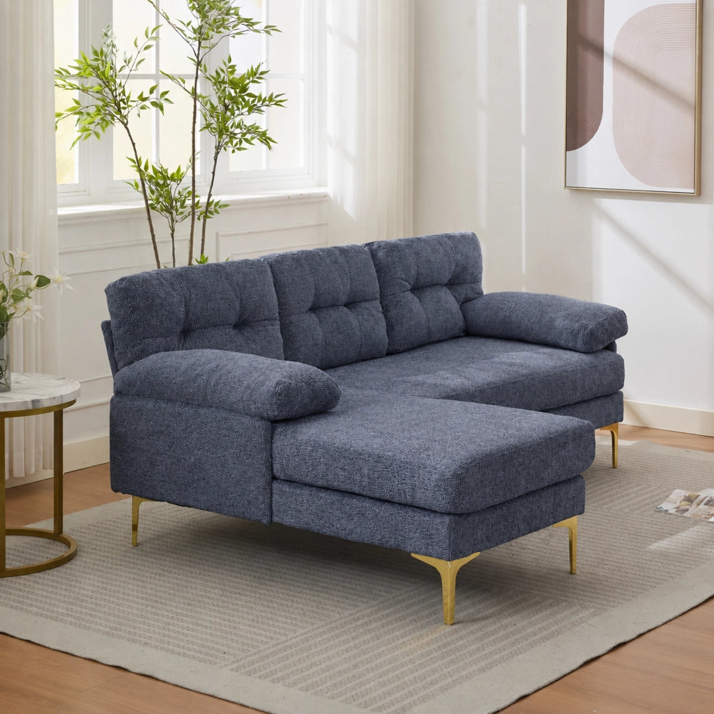 Divano angolare 3 posti convertibile con chaise longue reversibile e braccioli imbottiti in tessuto ciniglia blu 187.5 × 130 × 79 cm