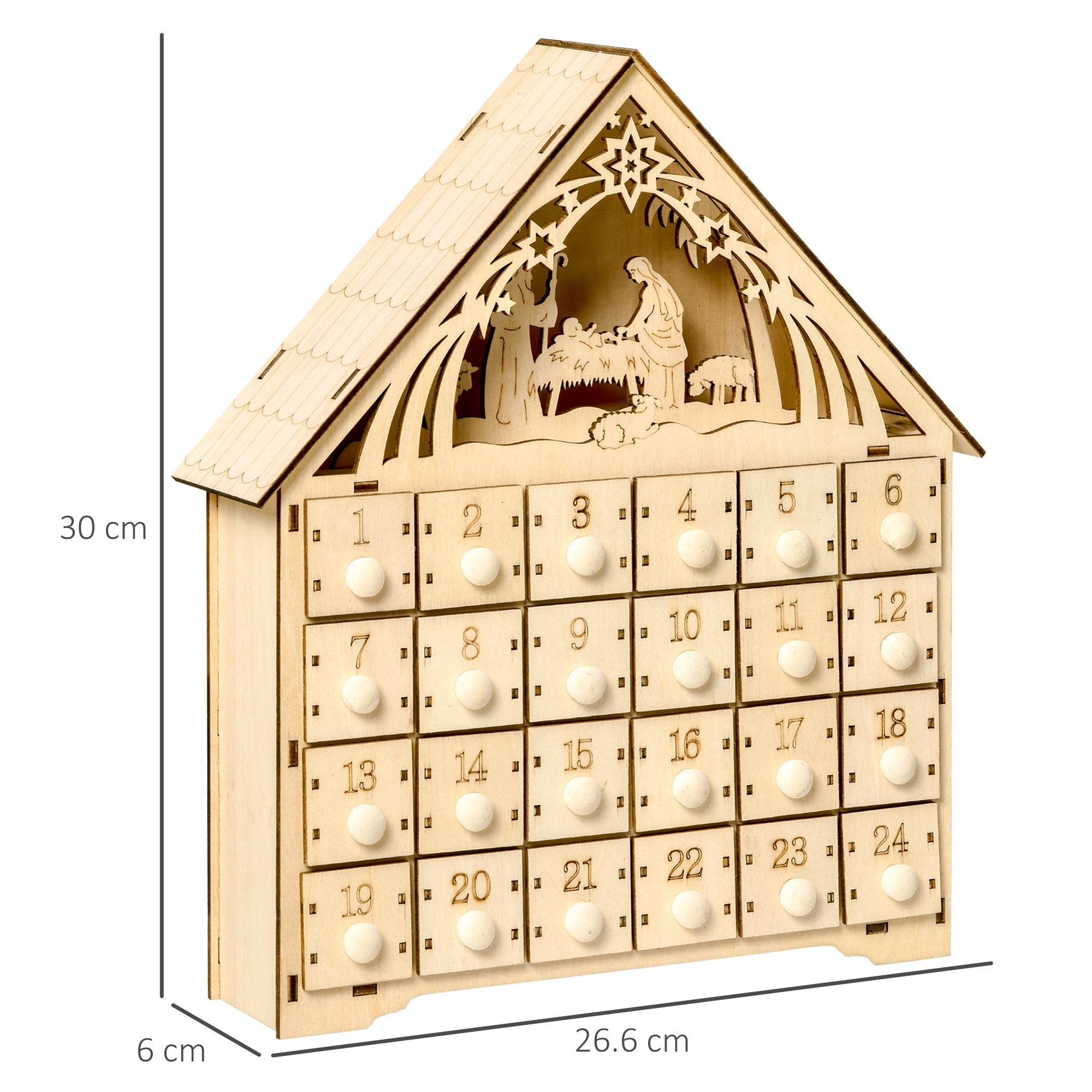 Calendario dell'Avvento  26,6x6x30 cm 24 Cassetti e Presepe Intagliato in Legno