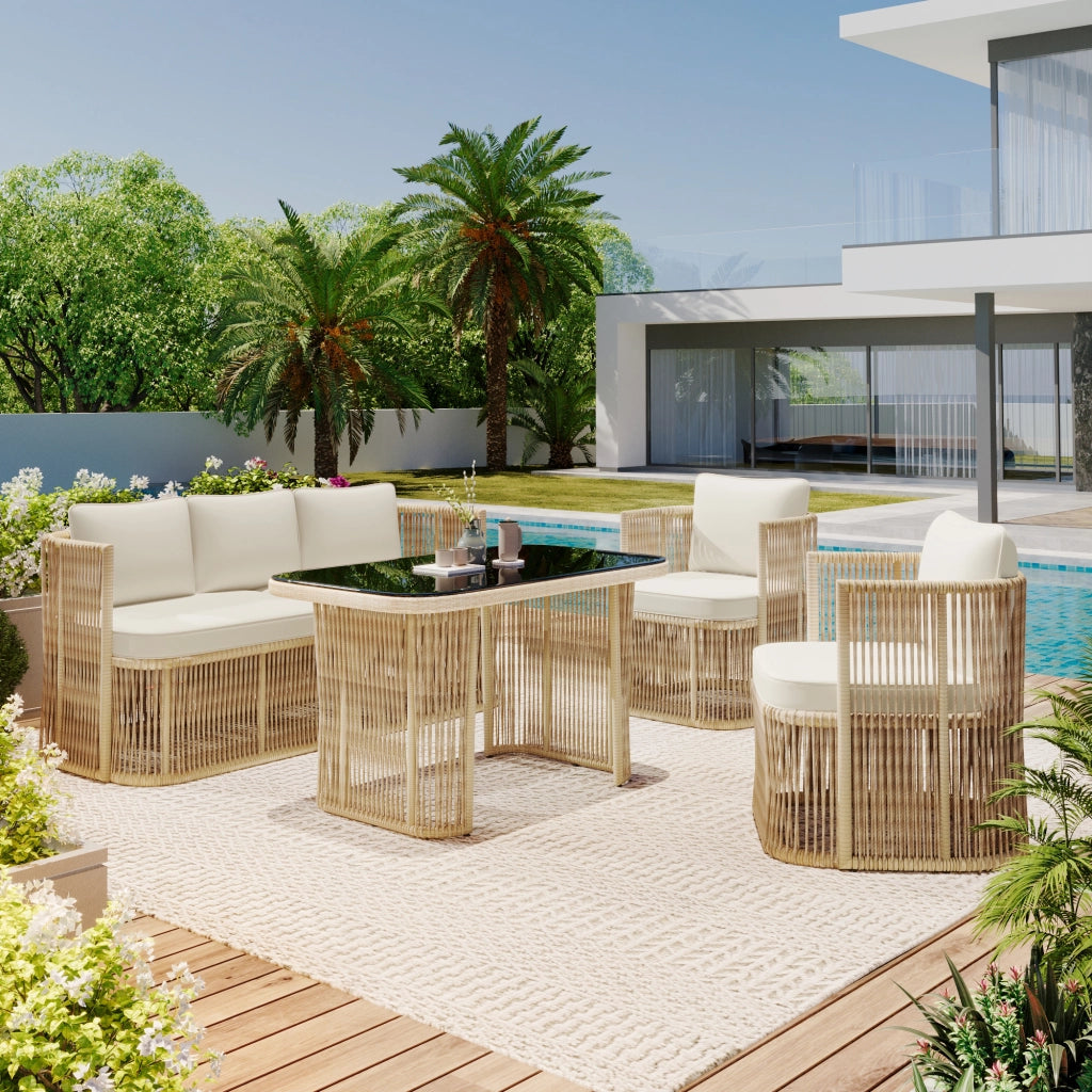 Set da Giardino 4 Pezzi in Polyrattan ¨C Xylo ¨C Divano 3 Posti, 2 Poltrone, Tavolino in Vetro, Cuscini