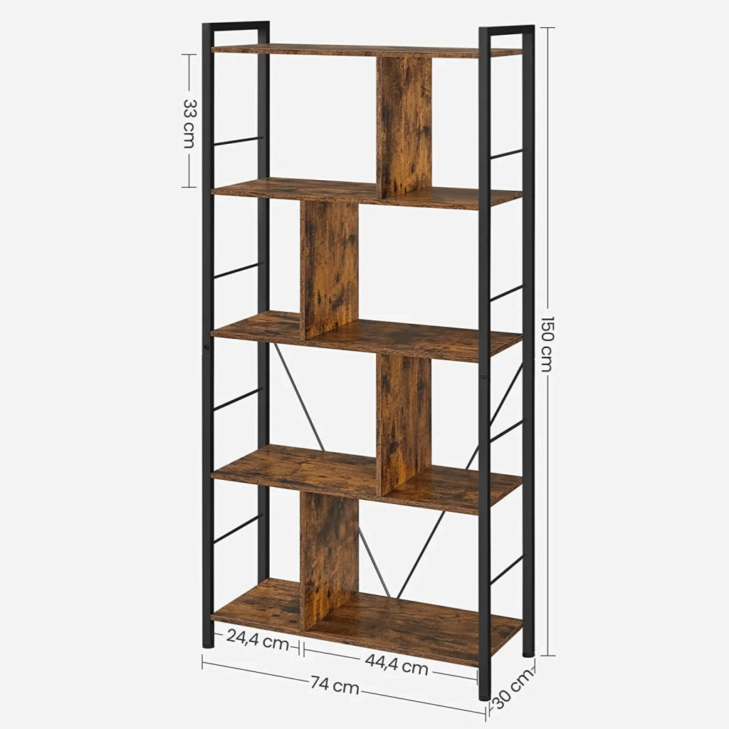 Libreria a 5 ripiani con scomparti aperti per ufficio soggiorno camera da letto stile industriale 150 cm marrone rustico e nero 12_0001463