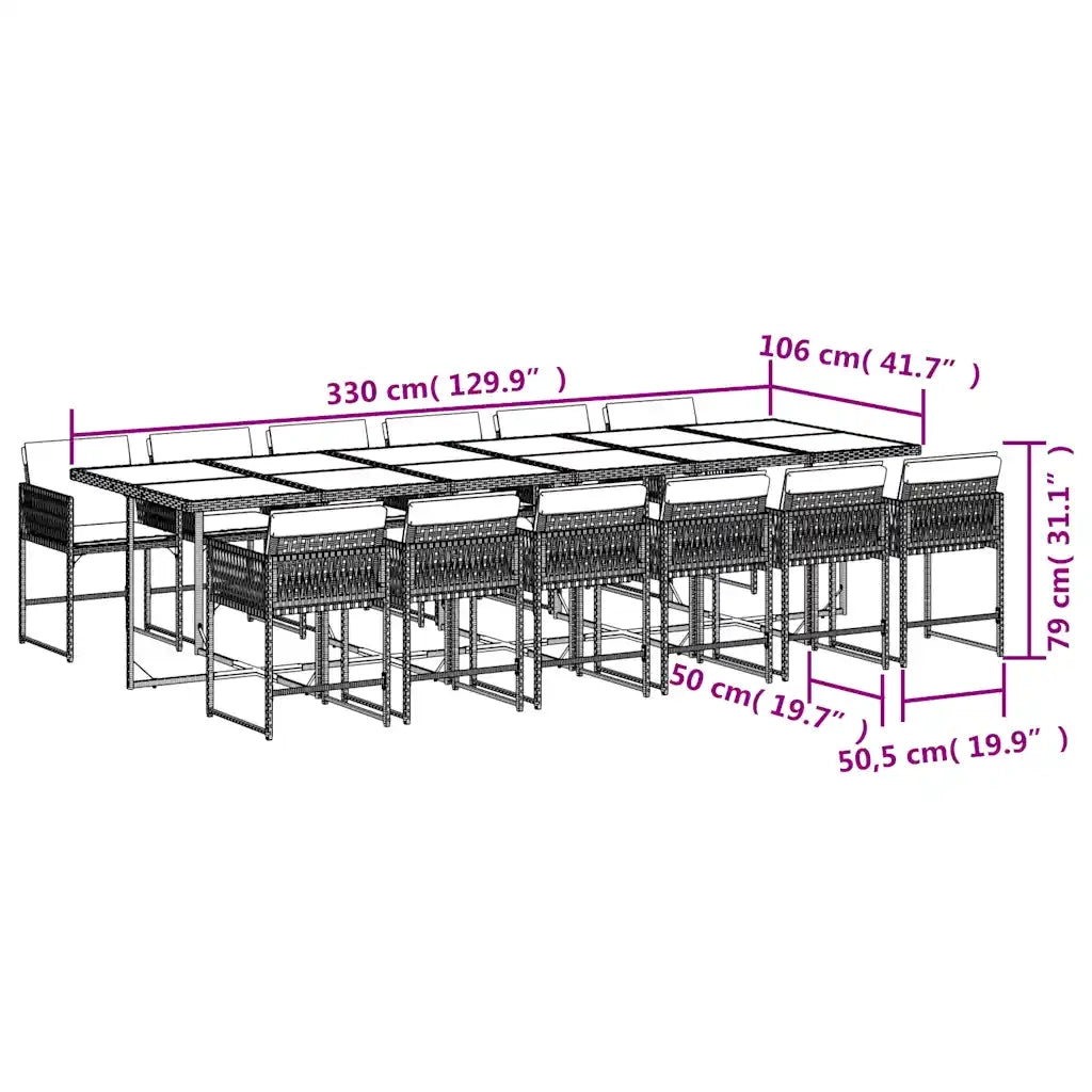 Set da Pranzo da Giardino 13pz con Cuscini Grigio in Polyrattan