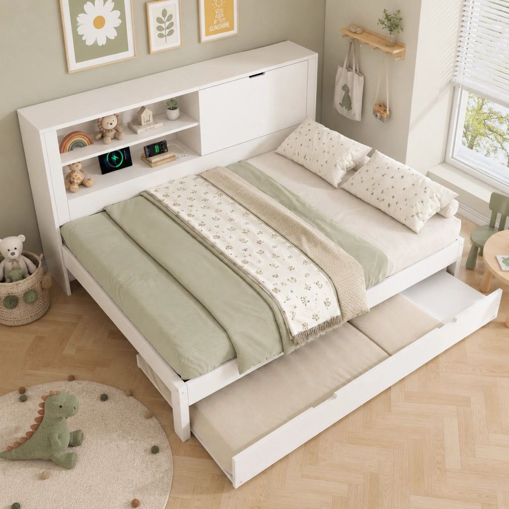 Divano letto 140x190 con estraibile 90x190 bianco vano e ripiano USB/Type-C doghe