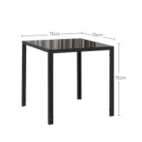 Tavolo da pranzo per 4 persone, con piano in vetro temperato e piedi in acciaio, 75x75x75 cm, nero