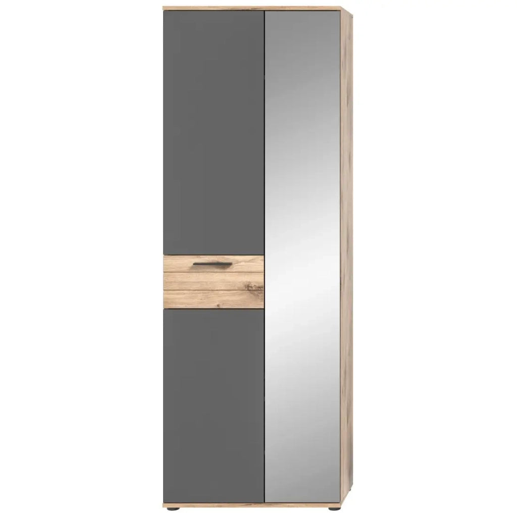 Set di mobili per ingresso: armadio con specchio + mobile per scarpe + specchio - Grigio antracite e rovere chiaro - SELMA