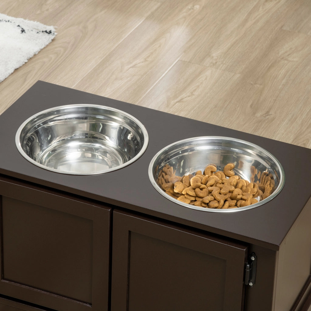 Mangiatoia rialzata per cani con contenitore e 2 ciotole estraibili in MDF color caffè 60 × 30 × 34 cm