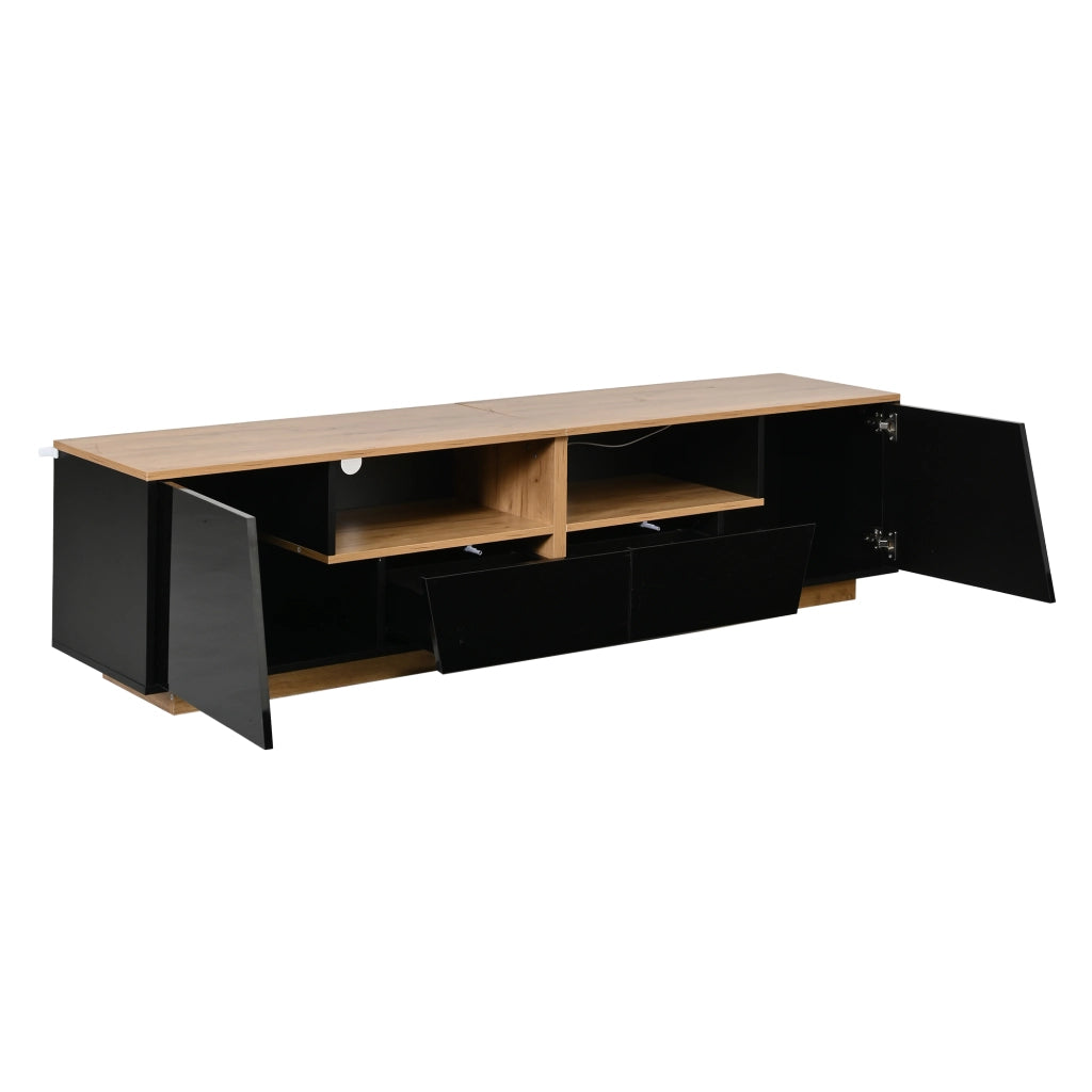 Mobile TV 180 x 40 x 46 cm con 2 ante, 2 cassetti, 2 vani aperti, LED e finitura lucida frontale, nero e legno naturale