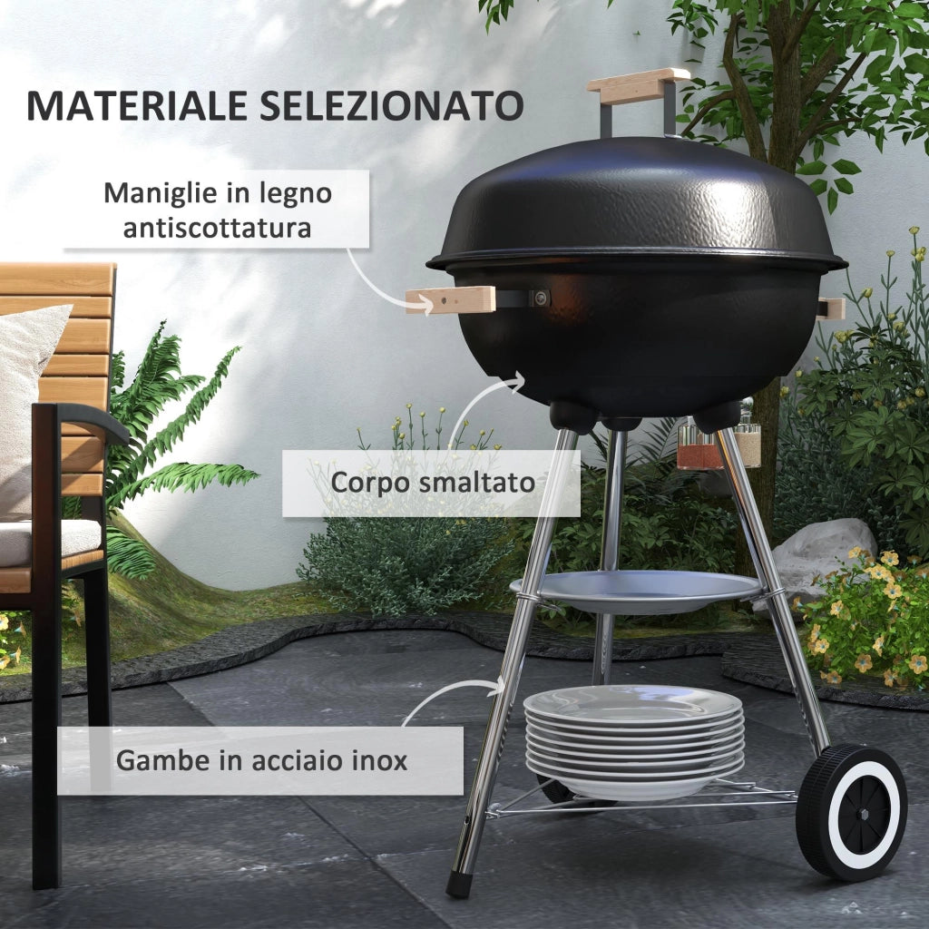 Barbecue a Carbonella con Griglia in Acciaio Coperchio e Prese d'Aria e Ruote Nero