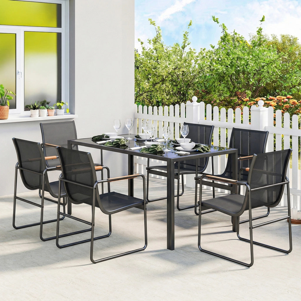 Set 7 Pezzi con Tavolo 150x80x73 cm e 6 Sedie da Giardino con Braccioli in Acciaio e Vetro Nero