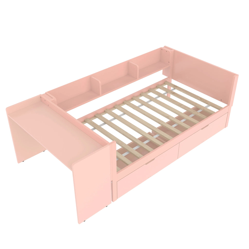 Letto singolo con scrivania - Zephmum- 90x200cm - Rosa - 2 cassetti e scaffali