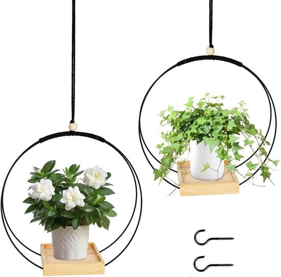 Sostegni per piante appesi per interni - Set di 2, metallo nero con base in legno. Adatto per piante da camera, piante grasse, piante aeree e cactaceae.